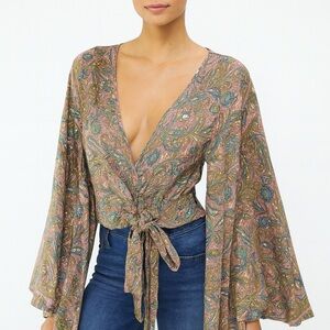 Paisley V-Neck Tie-Front Blouse